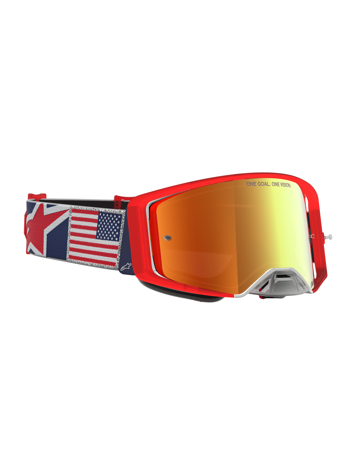 Alpinestars Limited Edition Supertech Fiftyfold Goggles, red motocross goggles with USA flag strap and mirror red lens.