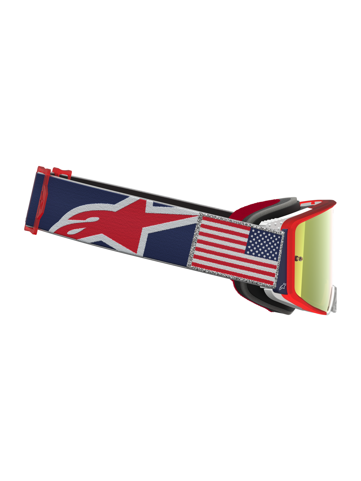 Alpinestars Limited Edition Supertech Fiftyfold Motocross Goggles, Blue and Red with Mirror Red lens and USA flag patch.