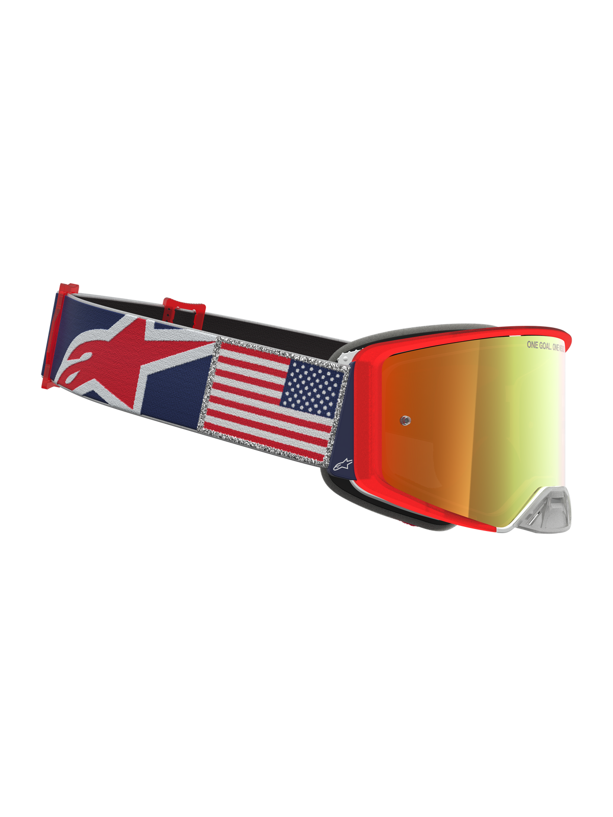 Alpinestars Supertech Fiftyfold Goggles, blue and red motocross goggles with an American flag graphic strap.