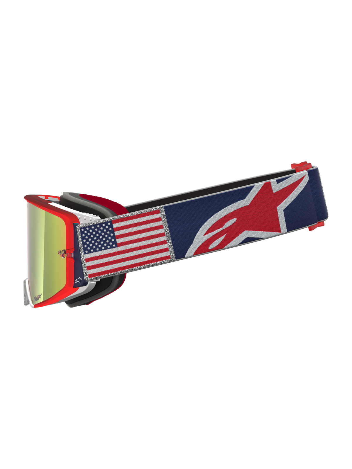 Alpinestars Limited Edition Supertech Fiftyfold Motocross Goggles, red frame with blue US flag strap and mirrored lens.