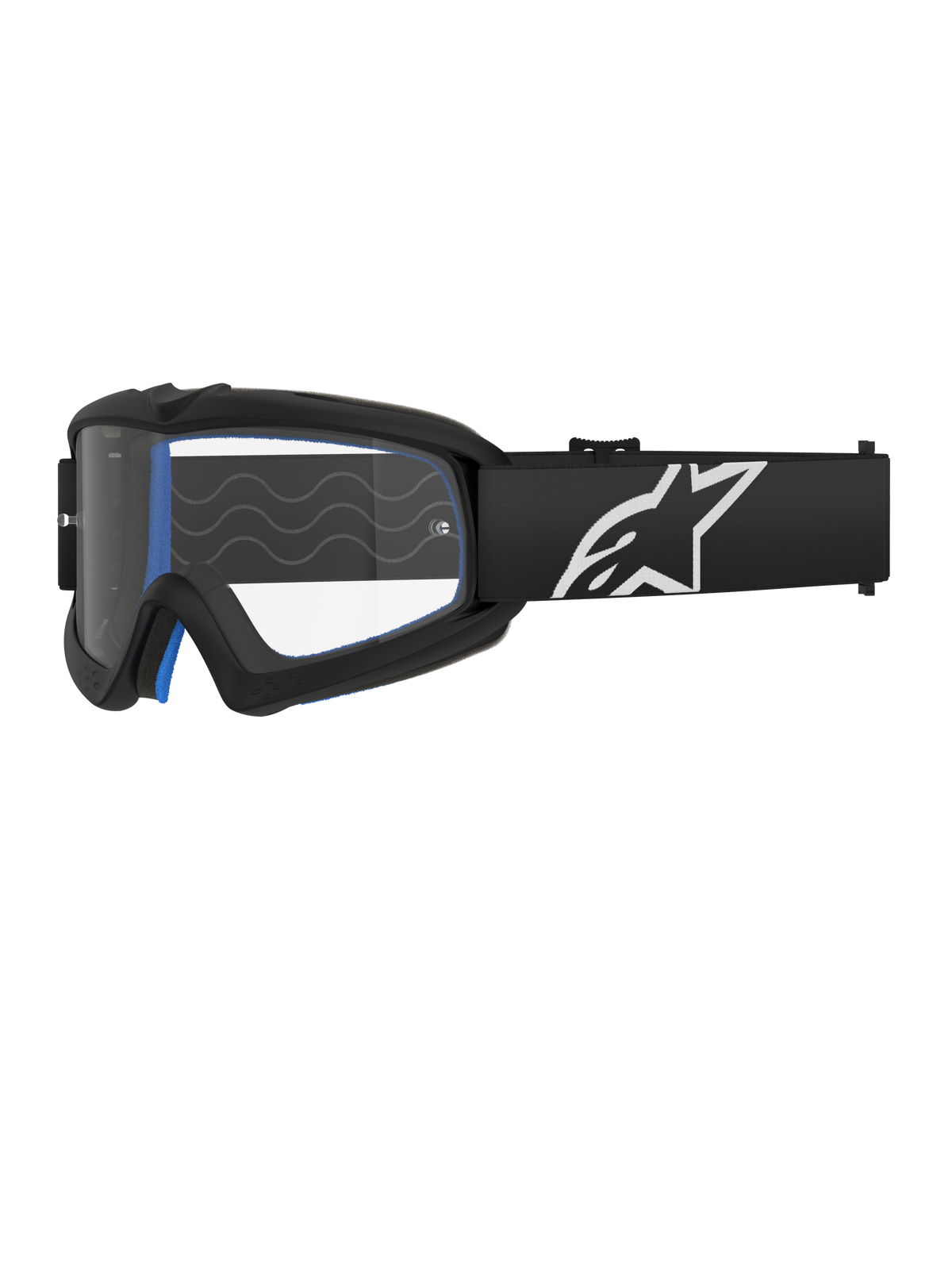 Alpinestars Vision Youth Corp briller, motocrossbriller til unge, sort med blå polstring, klar linse med bølgemønster, sort rem med hvidt stjerne-logo, strømlinet moderne design