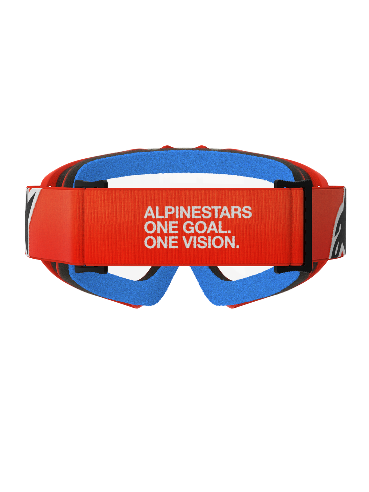 Alpinestars Vision Youth Corp Goggles, Motocross Goggles, Orange with Clear lens, rear view featuring orange strap with white Alpinestars slogan, blue inner face foam, and clear polycarbonate lens