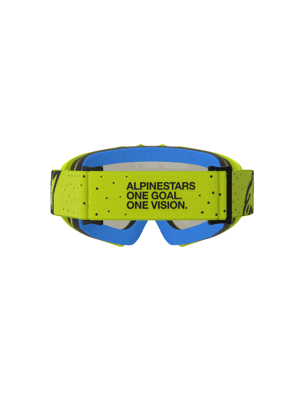 Alpinestars Vision Vesta Goggles Ungdom, gul og blå motocross-goggles med One Goal. One Vision. motto på remmen.