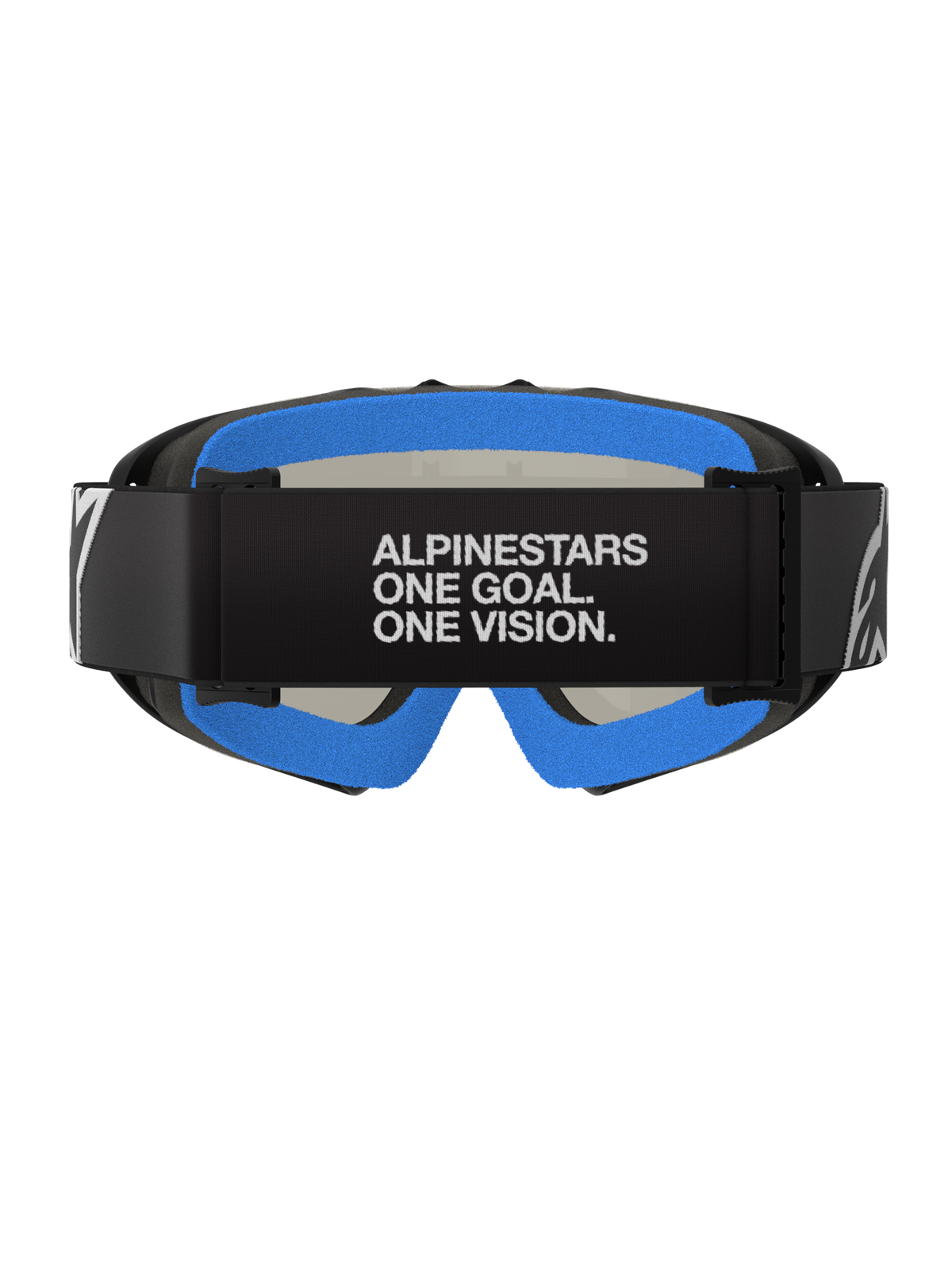 Alpinestars Vision Youth Corp briller, Black Mirror Silver, motocross-briller, set bagfra med sort rem med hvid 'ALPINESTARS ONE GOAL. ONE VISION.' tekst, lysende blåt plys-ansigtsskum og sort A-FLEX-ramme.