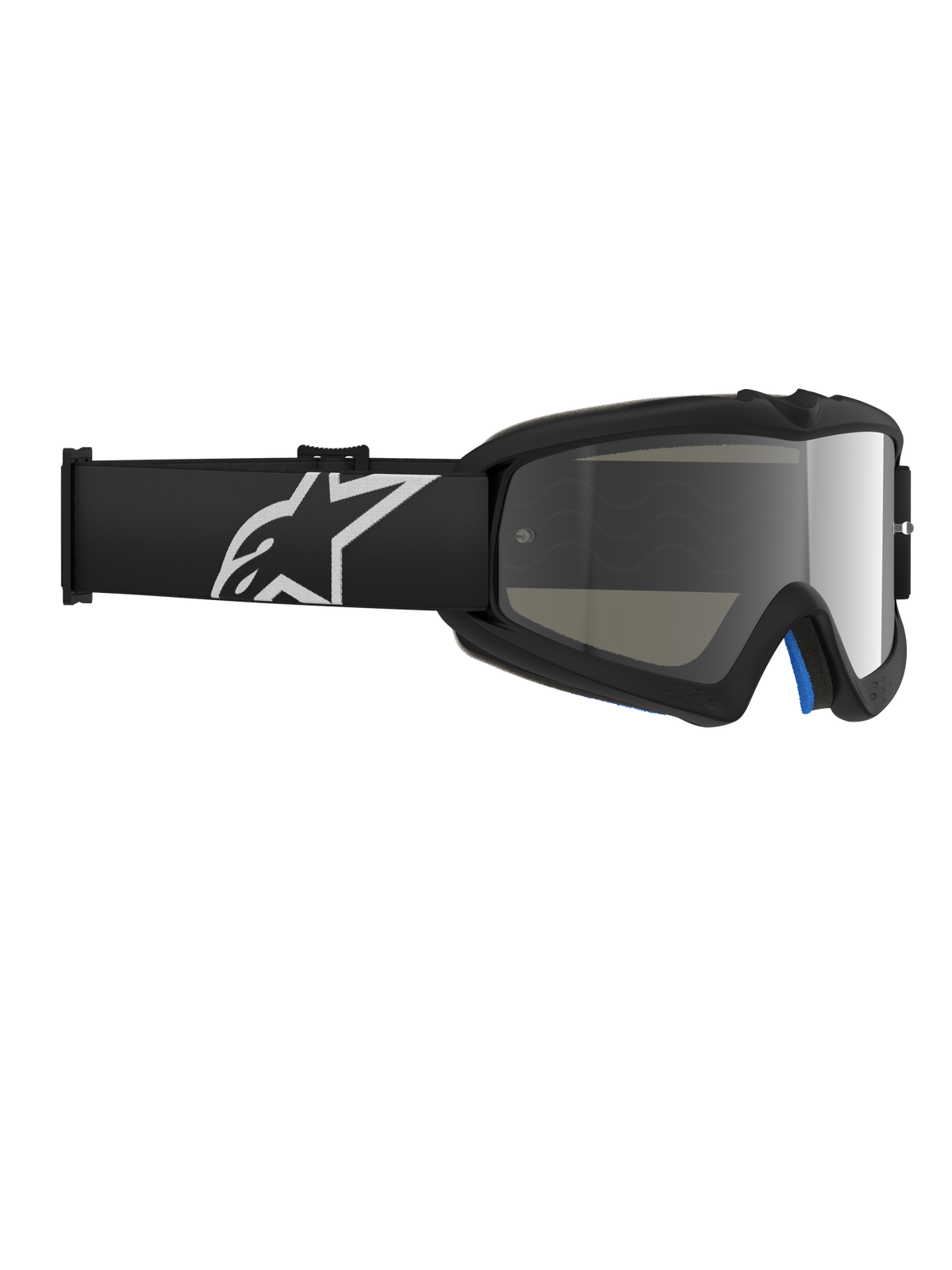 Alpinestars Vision Youth Corp briller, motocross-briller, sort og sølvspejl, med en spejlet polycarbonatlinse og en sort rem med hvidt Alpinestars-logo, designet til unge kørere