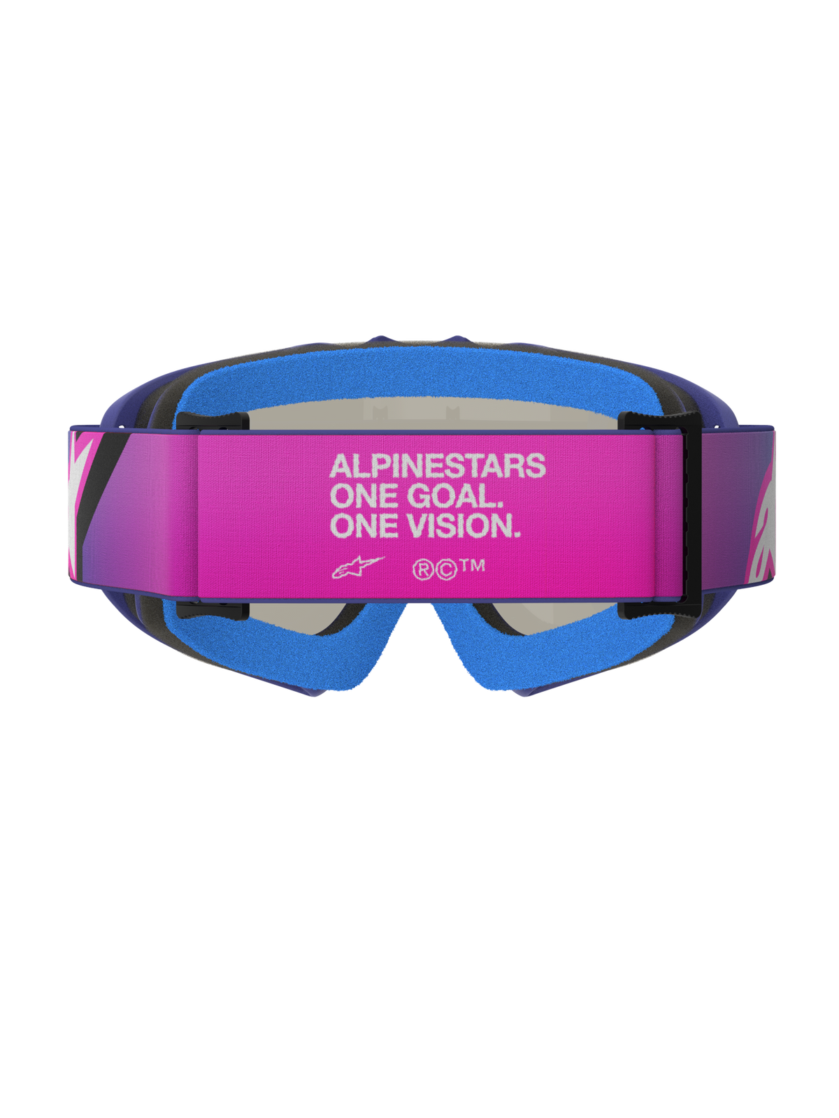 Alpinestars Vision Youth Corp Goggles, motocross-briller, lilla, fluoriserende pink og spejlblå, set bagfra med en pink justerbar rem med hvid 'ALPINESTARS ONE GOAL. ONE VISION.'-tekst, blåt polstret ansigtsskum og lilla urethan-ramme, designet til unge off-road-ryttere