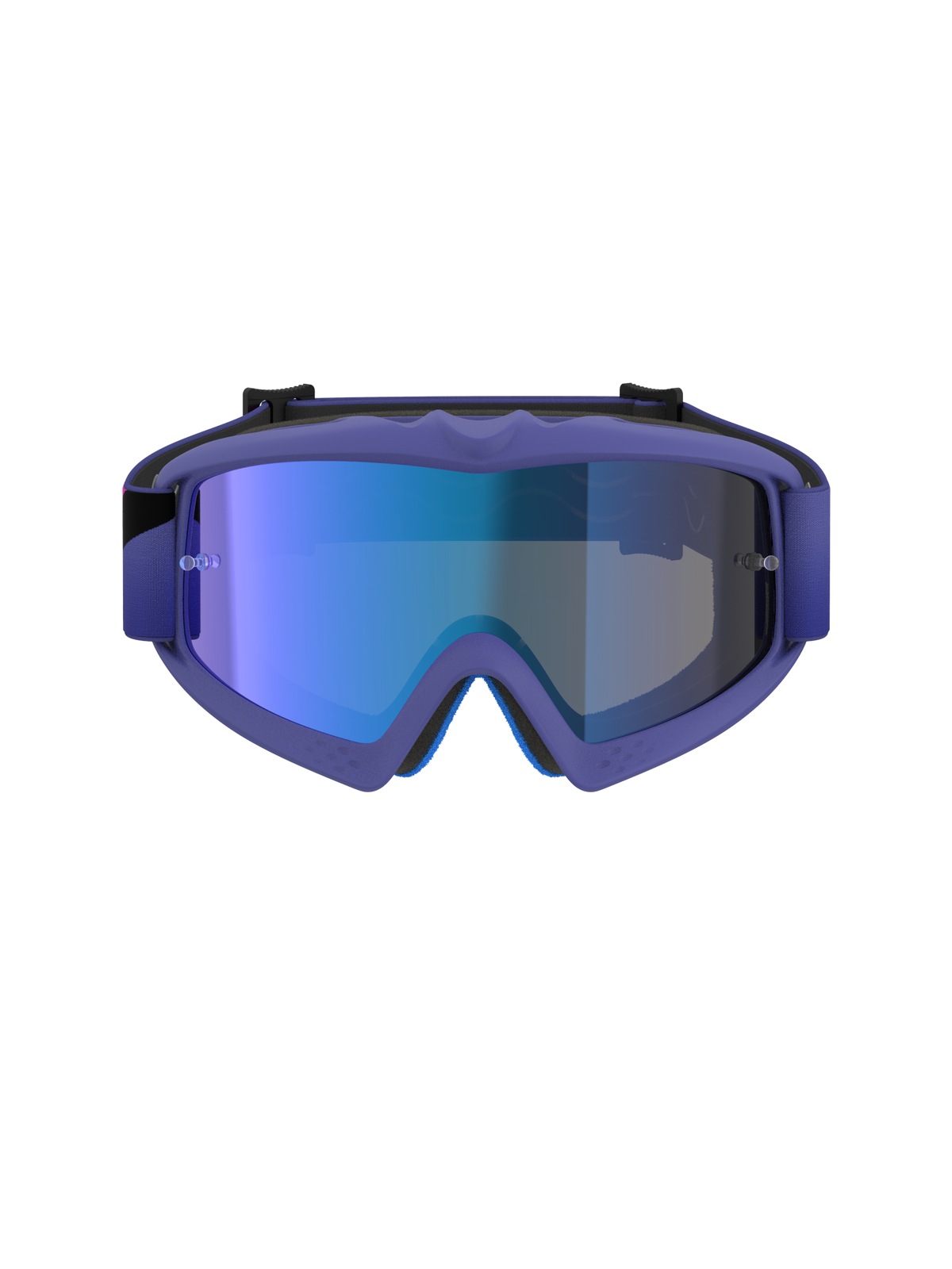 Alpinestars Vision Youth Corp Goggles, motocross-goggles, lilla og fluo pink ramme med Mirror Blue-linse, off-road øjenbeskyttelse til unge, set forfra viser A-FLEX-ramme og multi-stage ansigtsskum-konstruktion
