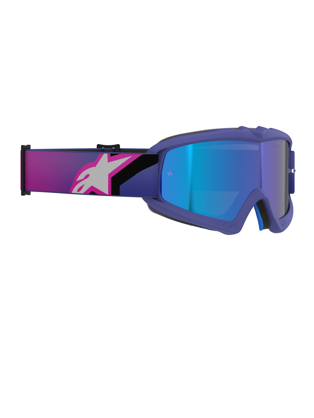 Alpinestars Vision Youth Corp goggles, motocross-briller, lilla og fluo pink ramme med Mirror Blue-linse, bred elastisk rem med lyserødt og hvidt Alpinestars-logo, højtydende off-road briller til unge ryttere