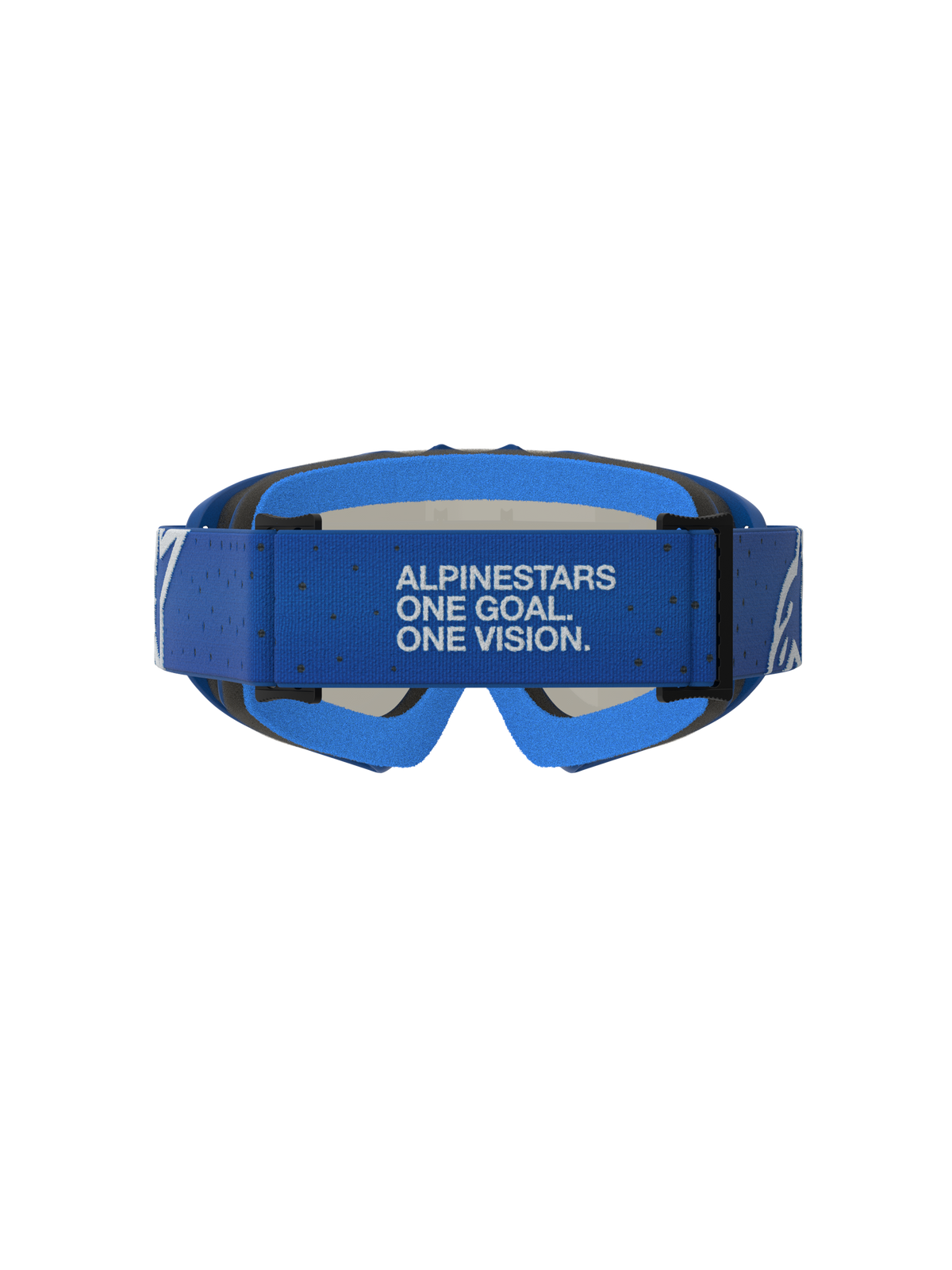 Alpinestars Vision Vesta Goggles Ungdom, blå og hvide motocrossgoggles, set bagfra med branded rem og teksten ONE GOAL ONE VISION.
