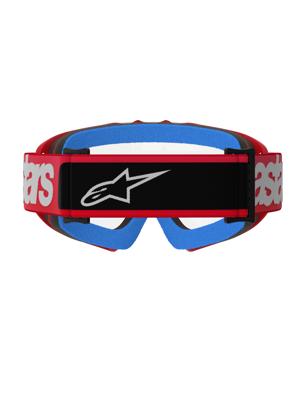 Alpinestars Vision Youth Blaze Goggles, rød og klar, set bagfra med en rød vævet rem, sort logolap og hvid branding, lyseblåt ansigtsskum og klar anti-dug linse, designet til motocross-racerløb for unge