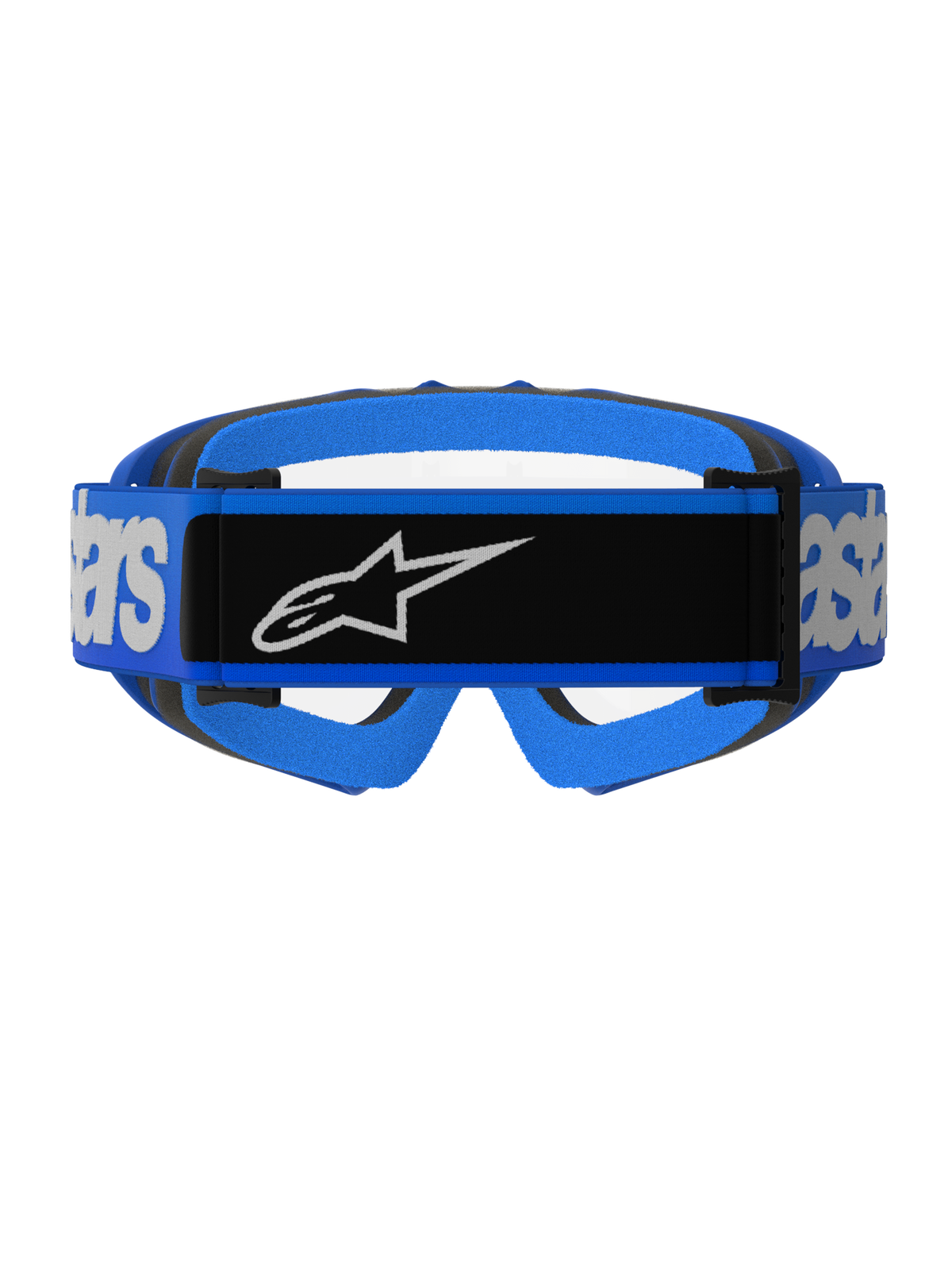 Alpinestars Vision Youth Blaze Goggles, motocross-briller, blå og klar, set bagfra med en bred blå rem med et sort midterpanel og hvidt Alpinestars-logo, blå og sort skumpolstring, gennemsigtig linse