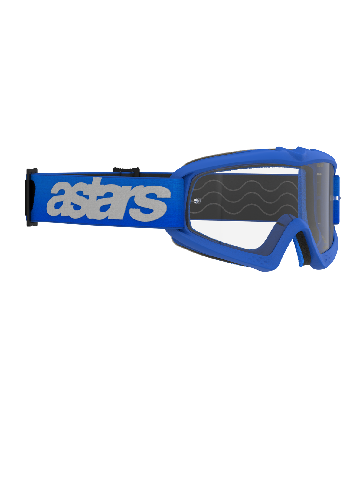Alpinestars Vision Youth Blaze Goggles, motocross-briller, blå og klar, med blå ramme og klar anti-dug linse, bred blå rem med hvidt 'astars' logo, designet til unge kørere og mindre ansigtsformer, professionelt off-road udstyr