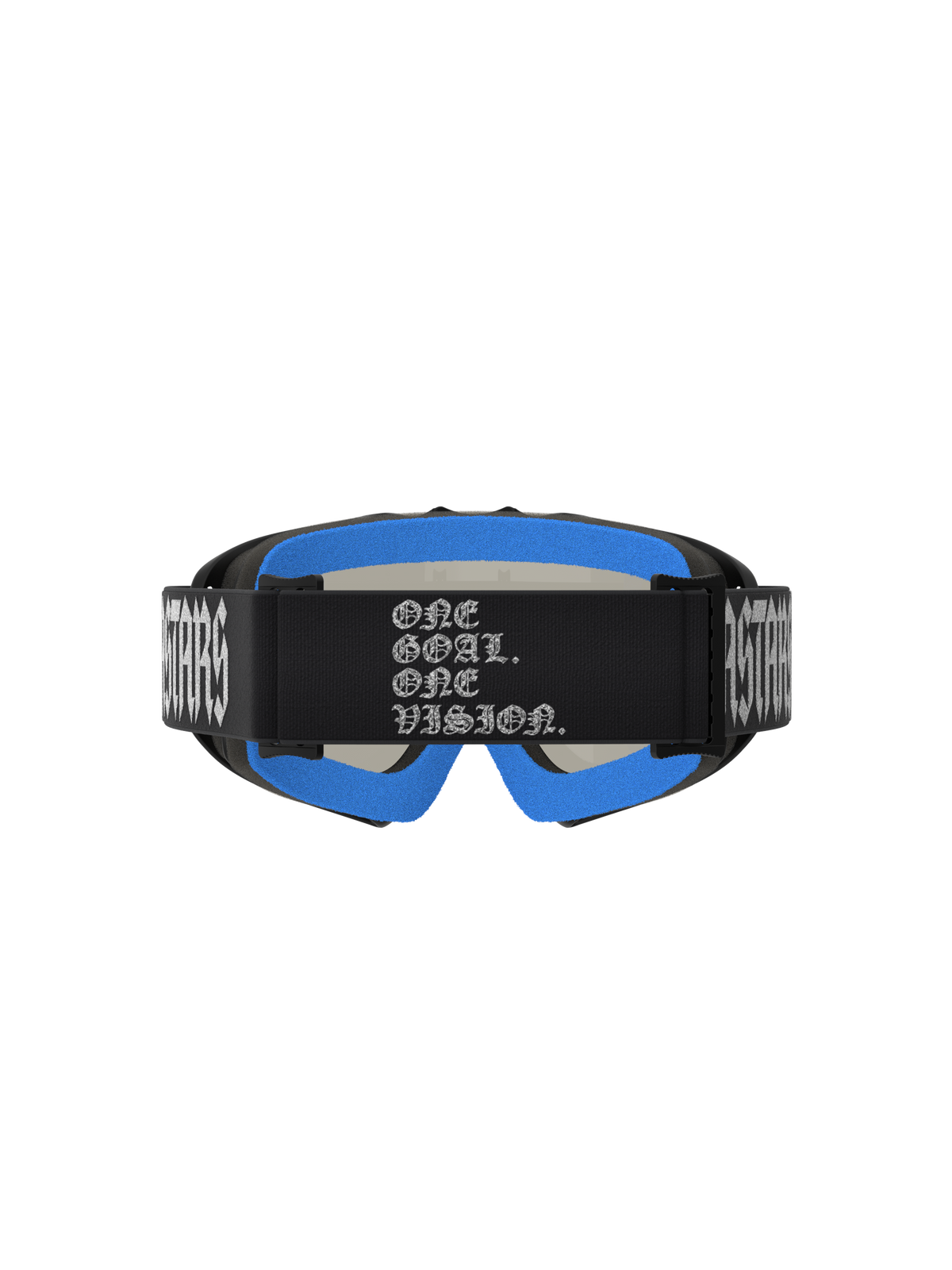 Alpinestars Vision Youth Atrox Motocross Goggles, Black and Blue with 'One Goal One Vision' branded strap.