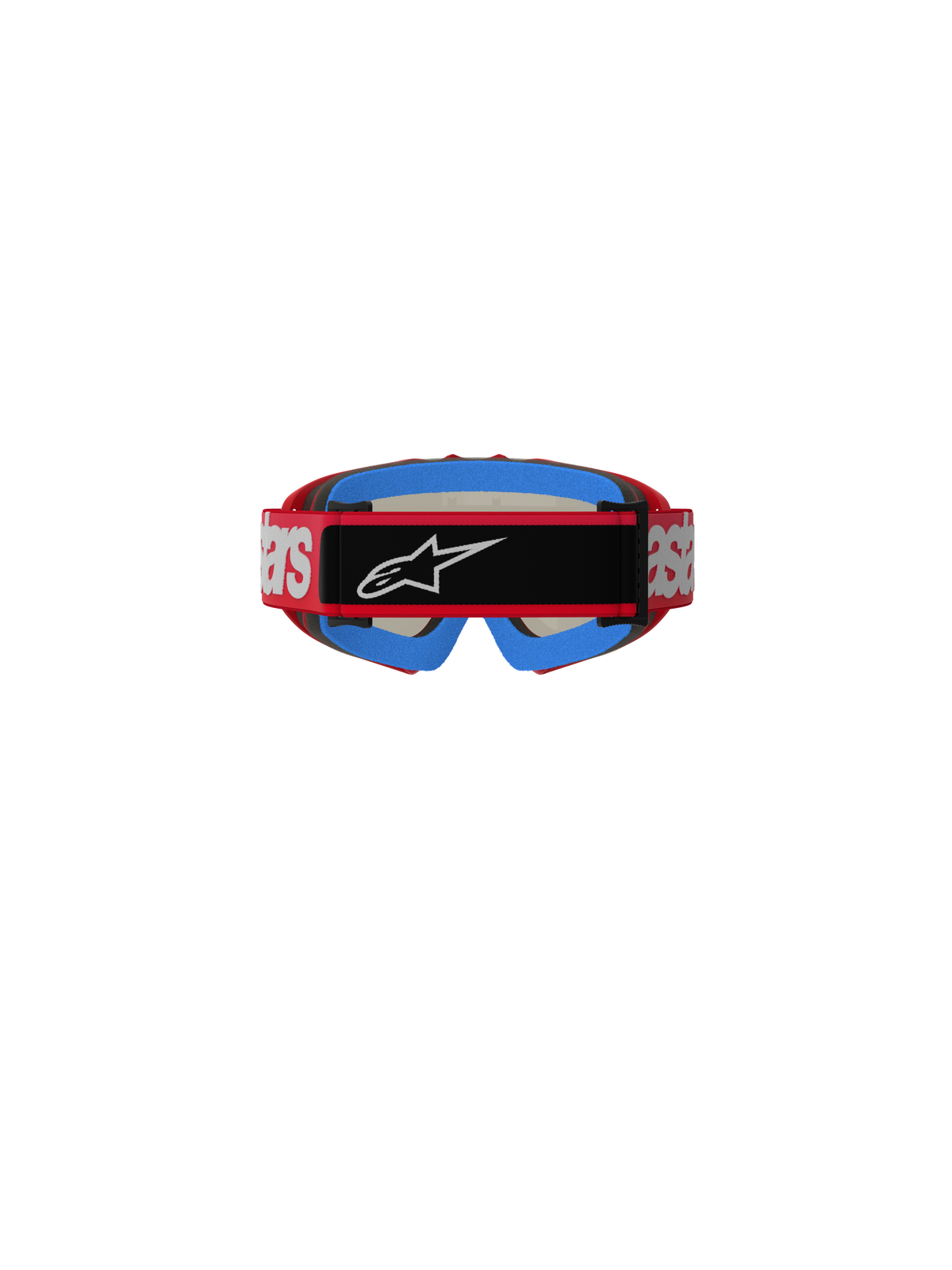 Alpinestars Vision Youth Blaze Goggles, motocross-briller, rød og sølv, set bagfra viser rød rem med hvid branding og sort midterstykke med hvidt Astars-logo, blå indvendig skumpolstring