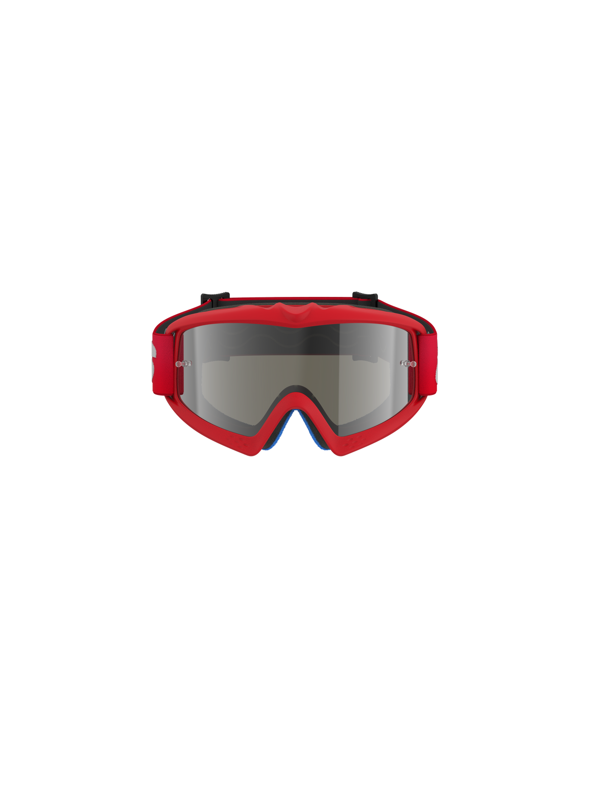 Alpinestars Vision Youth Blaze Goggles, motocross-briller, rød og sølv-spejleffekt, set forfra, med en livlig rød urethanramme og rød rem, designet til unge kørere med spejlglas
