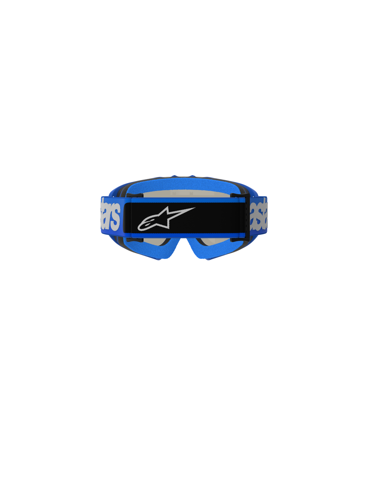 Alpinestars Vision Youth Blaze Goggles, motocross-briller, blå, set bagfra, viser blå vævet rem med hvidt Alpinestars-branding og sort centerlogoplade, blå skumpolstring, designet til off-road racing til unge
