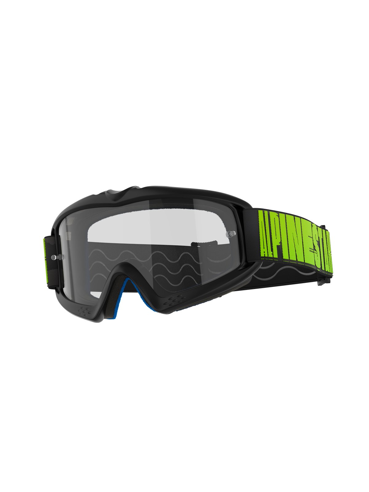 Alpinestars Vision Youth Hollow goggles, motocross-briller, koksgrå ramme med klar anti-dug linse, sort rem med markant fluorescerende gul branding, blåt indvendigt skum, designet til unge kørere til off-road kørsel