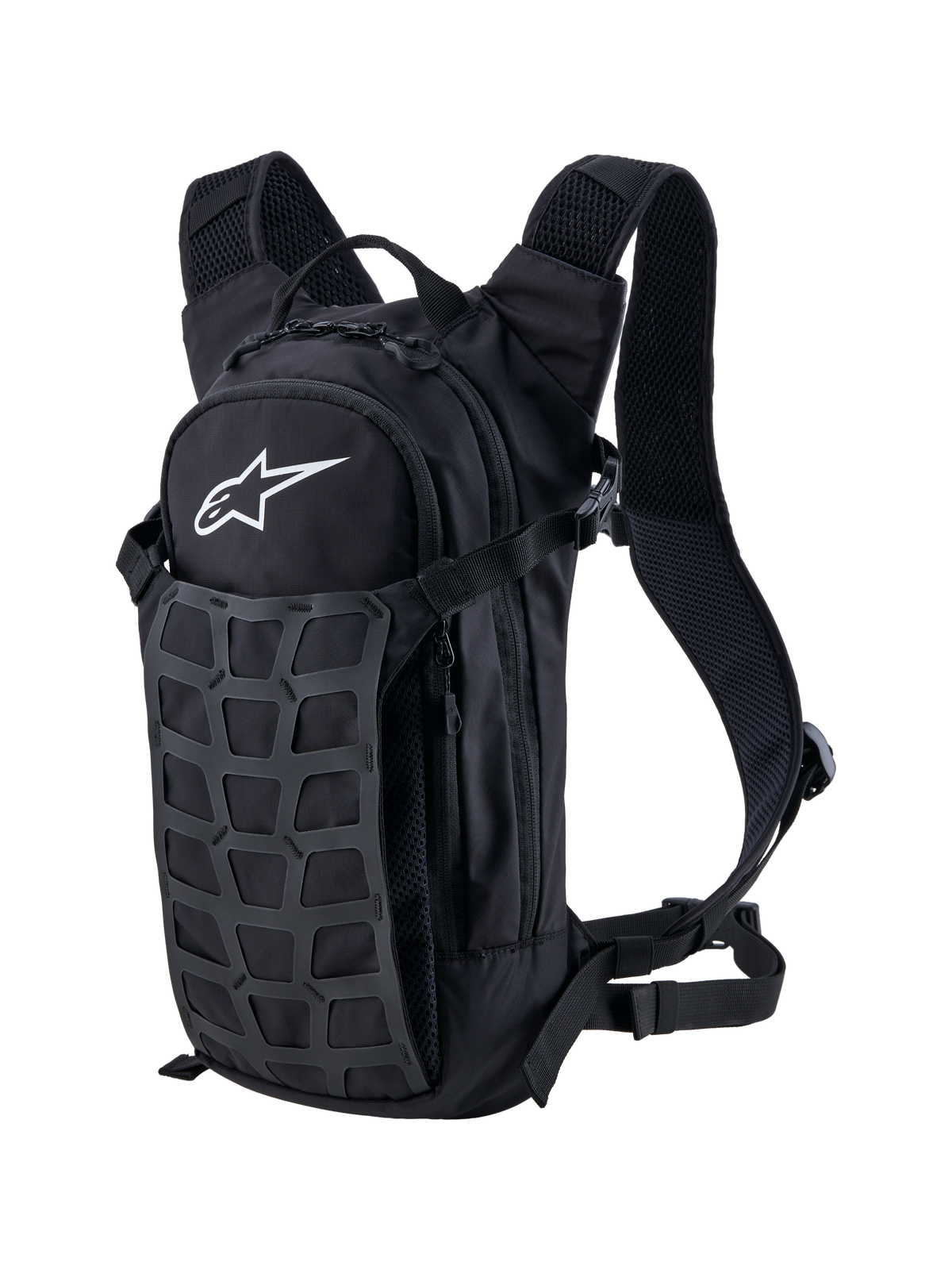 Alpinestars AT-9 rygsæk til motocross og hverdag, sort og grå, slidstærk tekstilkonstruktion med polstrede skulderstropper, frontgitter til udstyr og hvidt Alpinestars-logo