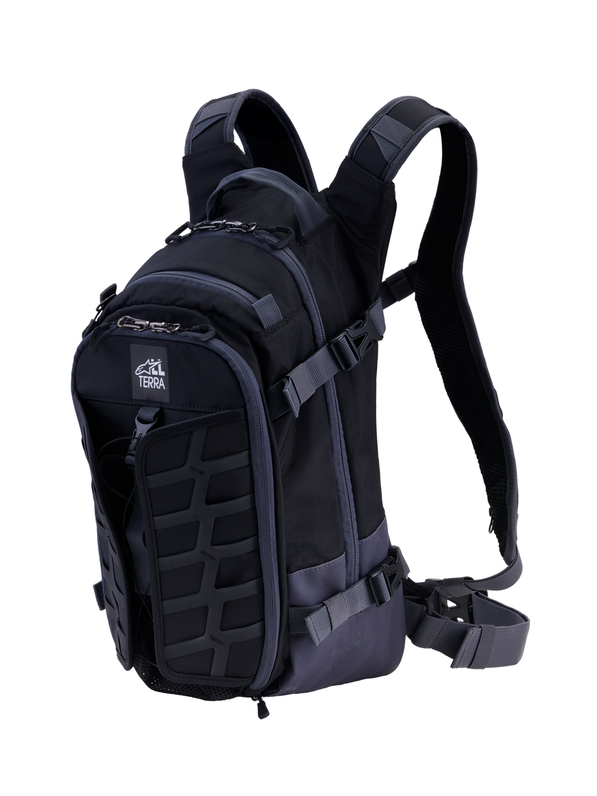 Alpinestars AT-15 Back Pack, technical motorcycle backpack, Black and Deep Gray, featuring a rugged front MOLLE panel, adjustable compression straps, padded shoulder straps with magnetic chest lock, and All Terra logo, designed for adventure off-road riding