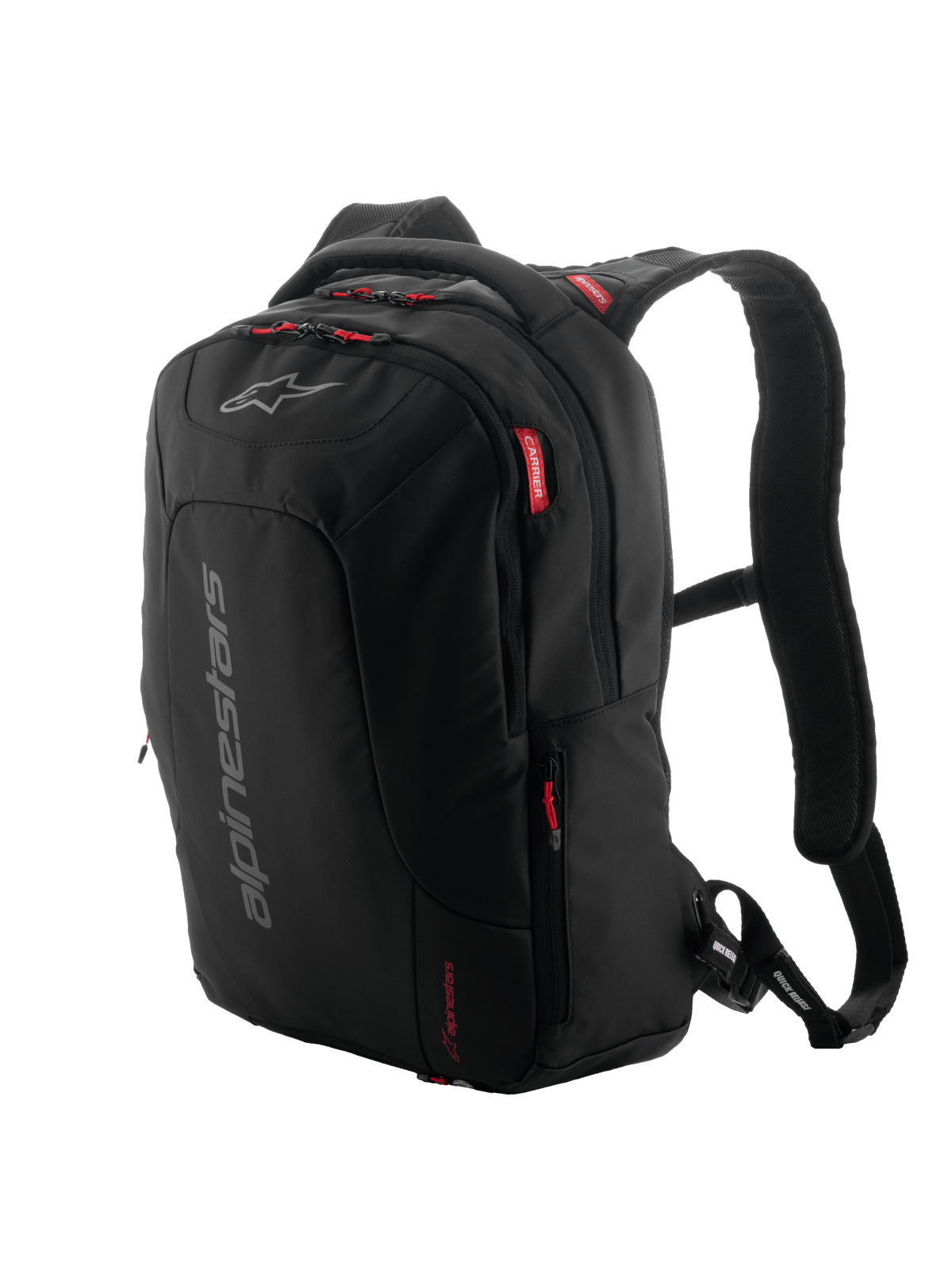 Alpinestars City Hunter V2 Backpack, Urban Motorcycle Backpack, Black with Red Zipper Pulls and Accents, Grey Vertical Branding, Padded Mesh Shoulder Straps, Sleek Tapered Design for Riding Stability