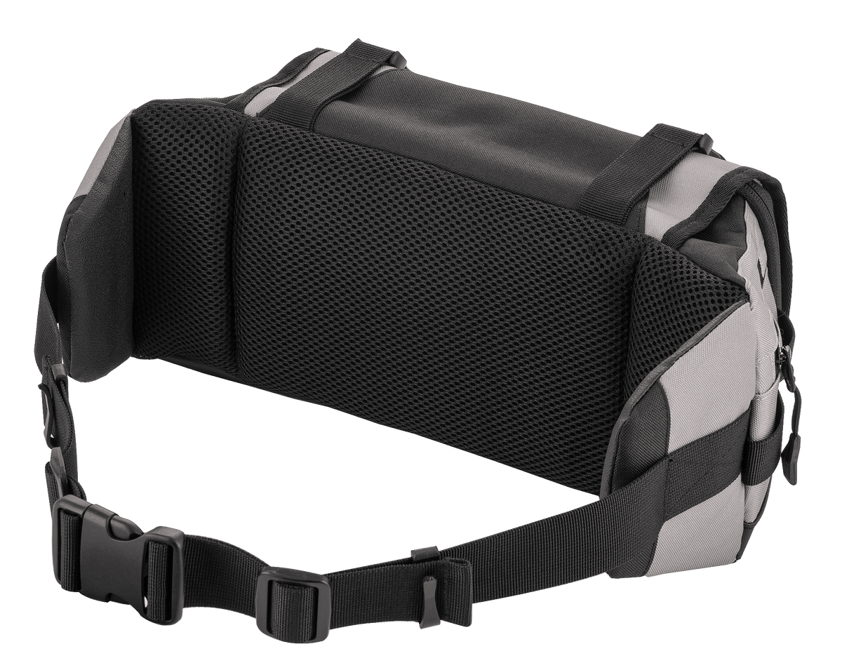 Alpinestars Tech Tool Pack, grå og sort, set bagfra med air mesh-rygpude for ventilation og komfort, justerbar taljerem med kraftigt spænde, holdbar tekstilkonstruktion til off-road og enduro-kørsel
