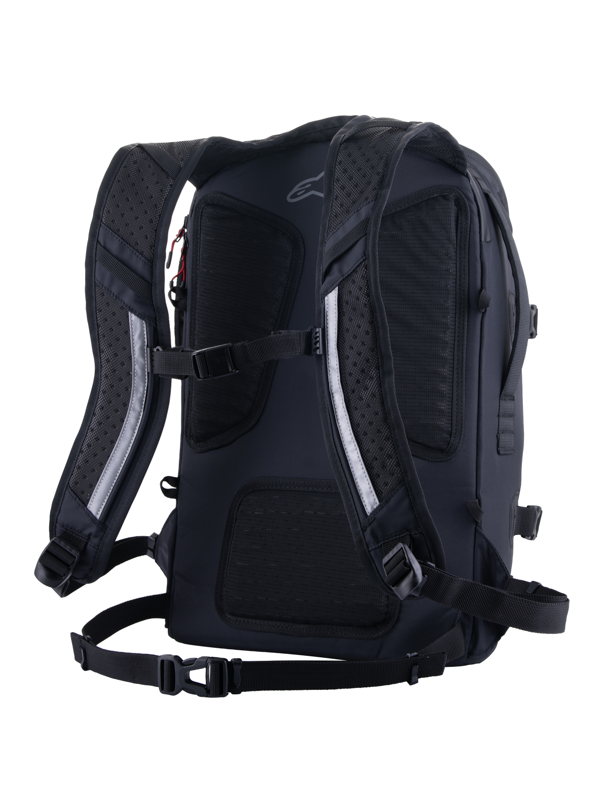 Alpinestars AMP-7 rygsæk, teknisk motorcykelrygsæk, sort, set bagfra med ergonomiske, ventilerede polstrede skulderstropper, åndbart mesh-rygpanel, bryststrop og taljebæresystem