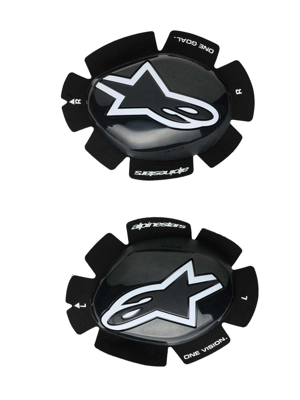 Alpinestars GP Plus knæsliders, knæbeskyttere til motorcykelracing, sort og hvid, blank finish med hvidt stjerne-logo, velcro-monteringssystem, med 'One Goal One Vision'-branding, sæt til venstre og højre