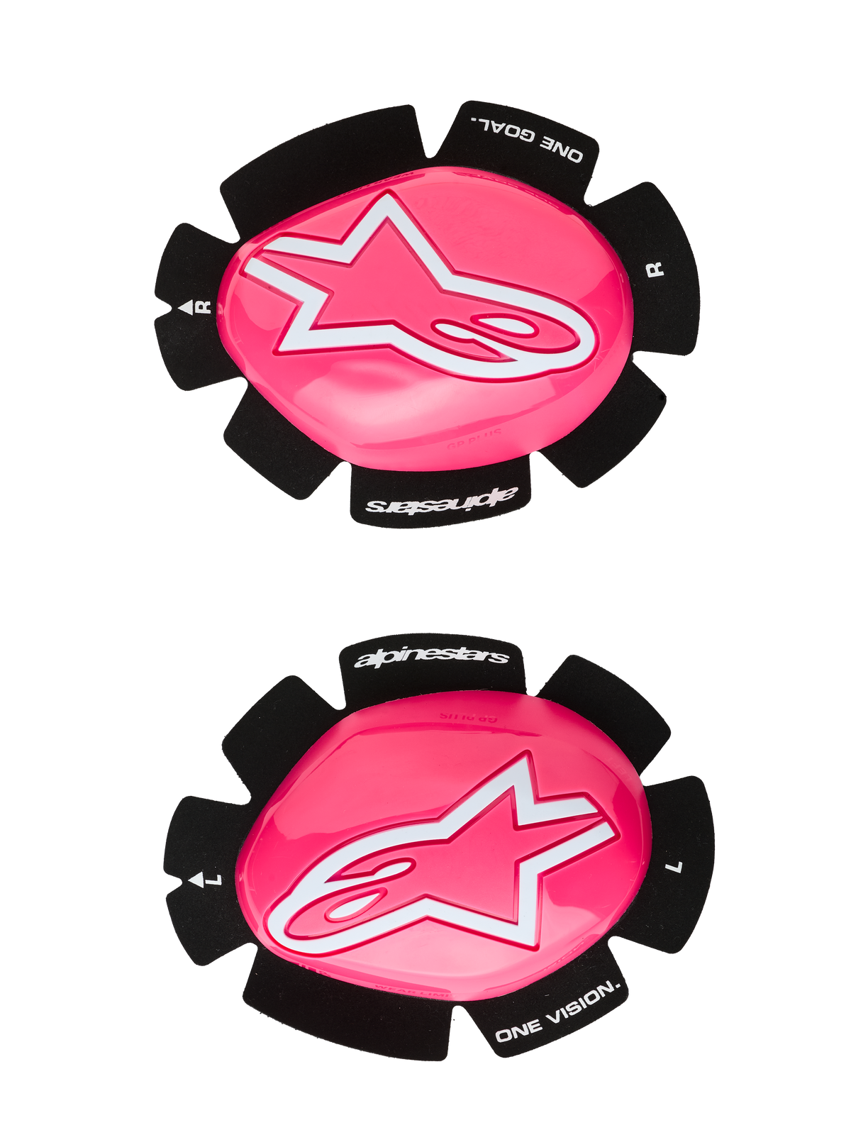 Alpinestars GP Plus knæslider, motorcykel racing knæslidere, pink fluo og hvid, sæt med venstre og højre slidere, blank lyserød overflade med hvide stjernelogoer, sort bagside med 'One Goal One Vision'-tekst, slidstærk plastkonstruktion til bane- og vejbrug