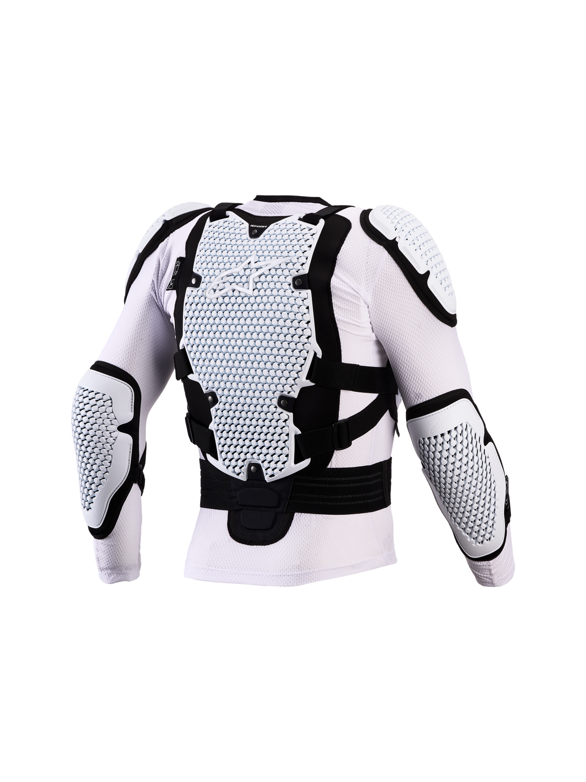 Alpinestars Bionic Action V3 Beskyttelsesjakke, hvid og sort motocross kropsbeskyttelse med CE-certificeret A-Morph Technology ryg- og albuebeskyttelse.