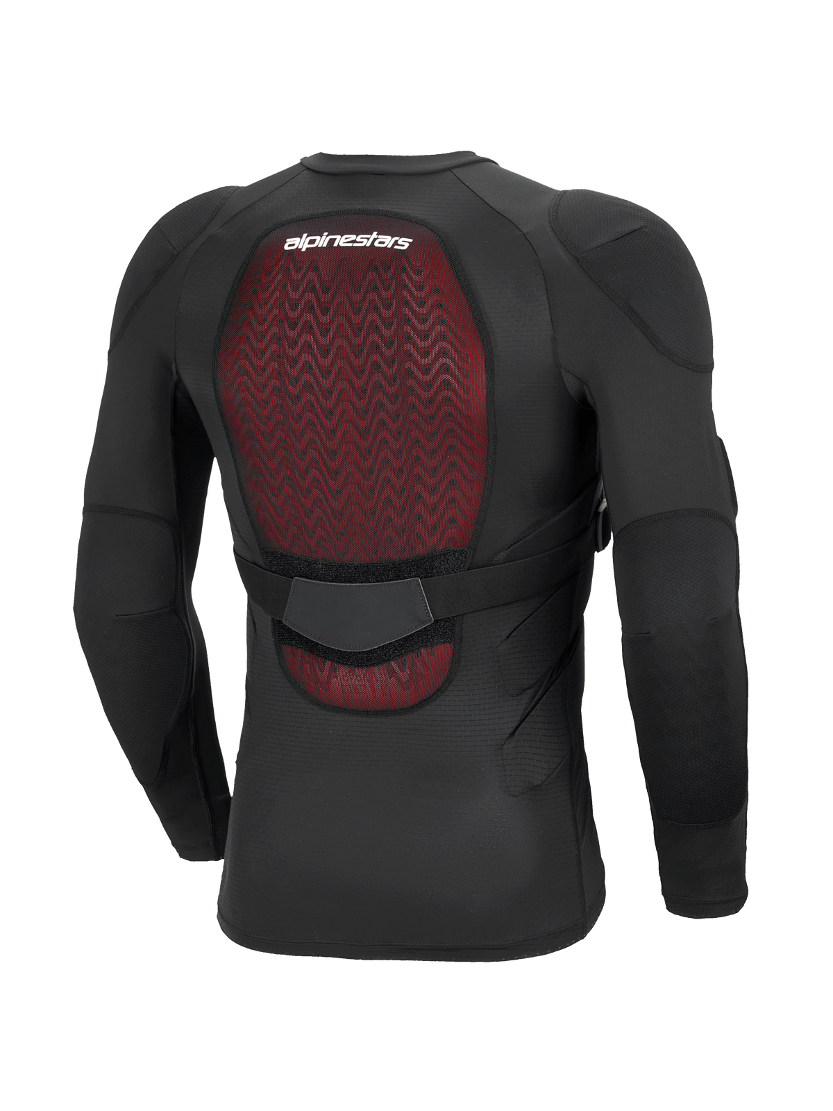 Alpinestars Bionic Plasma LT Beskyttelsesjakke, langærmet, sort, set bagfra med fokus på den røde Nucleon PLASMA-rygbeskytter, åndbar strækbar mesh-konstruktion, justerbar taljerem og integreret albue- og skulderbeskyttelse