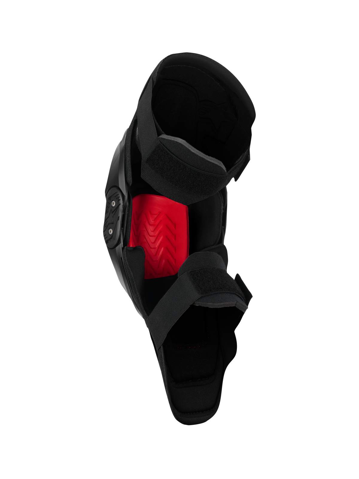 Alpinestars SX-1 Plasma knæbeskytter, motocross knæbeskytter, sort og rød, indvendig visning der fremhæver det røde Nucleon PLASMA-indlæg og det dobbelte strop-lukkesystem, designet til off-road kørsel
