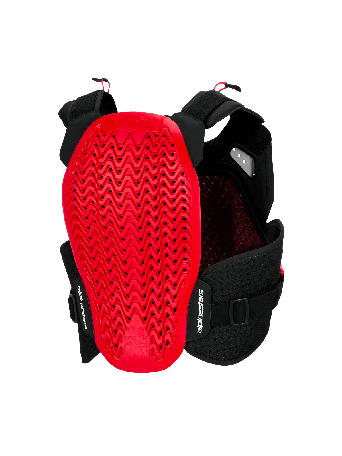 Alpinestars A-4 Plasma brystbeskytter, set bagfra, sort og rød, med en stor rød Nucleon PLASMA-rygbeskytter med et bølget perforeret design, sort mesh-chassis med justerbare stropper og hvid Alpinestars-branding.