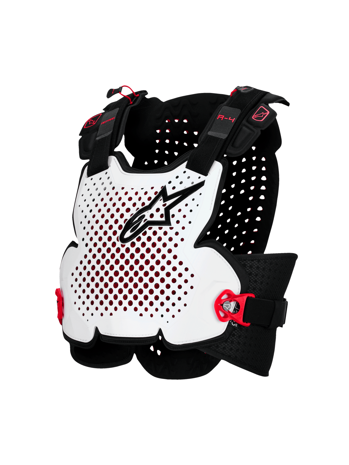Alpinestars A-4 Plasma brystbeskytter, motorcykelbeskyttelse, hvid med sorte og røde detaljer, ventileret design med hård skal, justerbare sidestropper, letvægts off-road beskyttelse