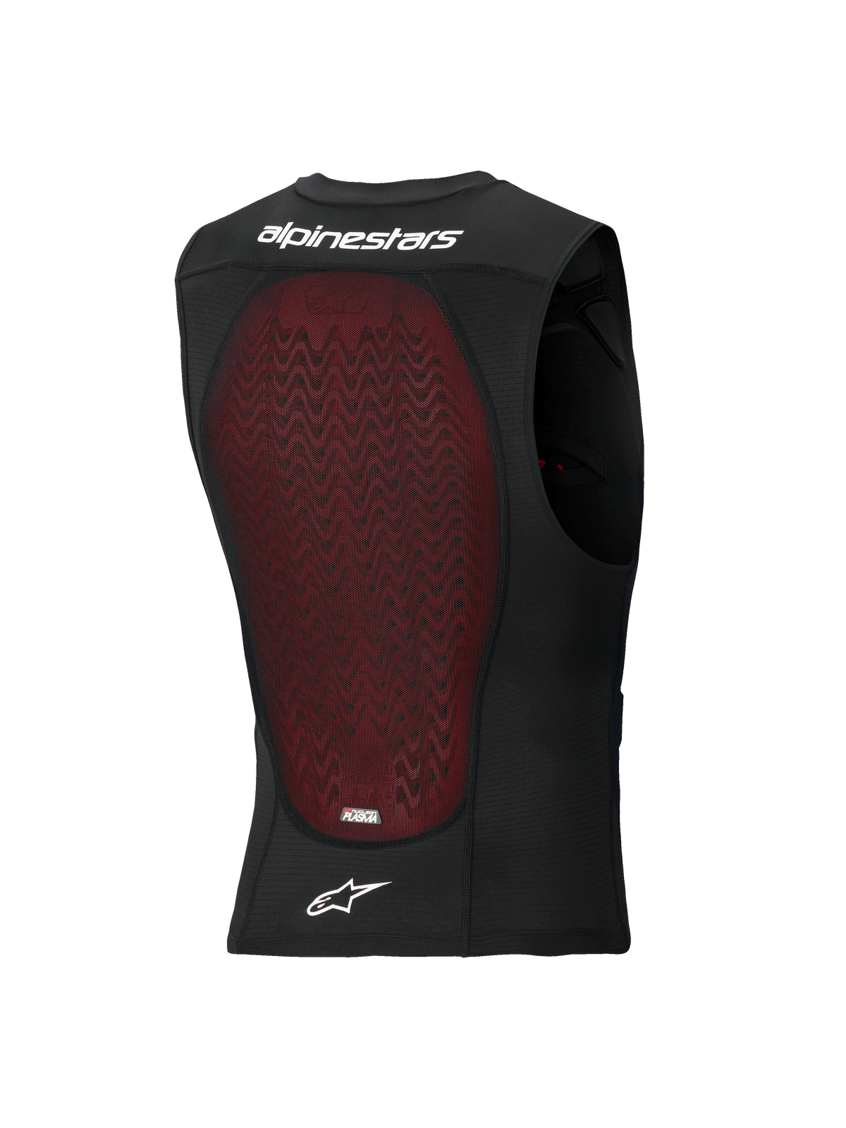 Alpinestars Bionic Plasma LT beskyttelsesvest, set bagfra, sort åndbart mesh med en stor rød Nucleon PLASMA-rygbeskytter, hvidt Alpinestars-navnetræk og logo, designet til off-road og motocross-stødbeskyttelse