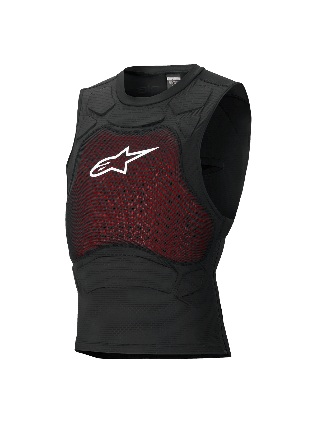 Alpinestars Bionic Plasma LT Protection Vest, kropsbeskyttelse til motorcykel, sort og rød, ærmeløst design med mesh-panel på brystet og hvidt Astars-logo, integreret polstring på skuldrene, åndbar og kropsnær konstruktion