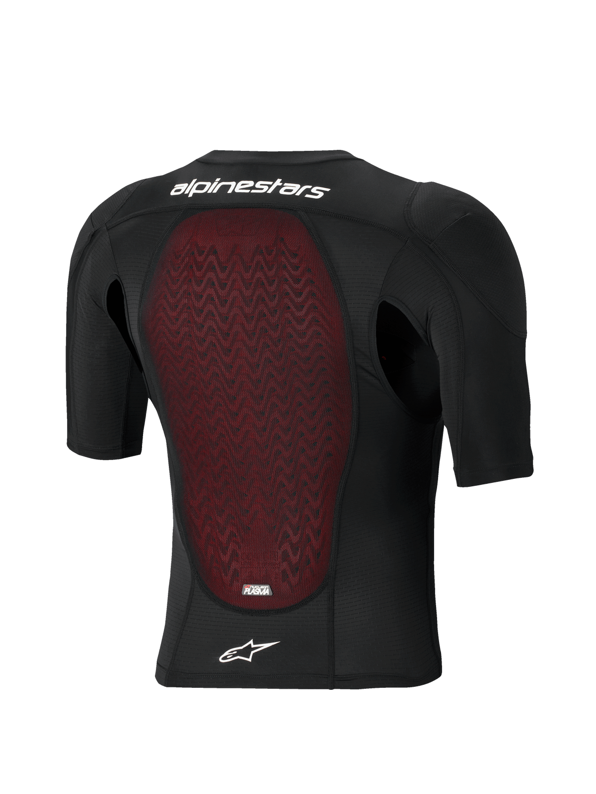 Alpinestars Bionic Plasma LT Protection Jacket - Short Sleeve, set bagfra, sort åndbar mesh-konstruktion med rød tekstureret Nucleon PLASMA rygbeskytter, hvidt Alpinestars-navnetræk og stjernelogo, off-road og motocross beskyttelsesudstyr
