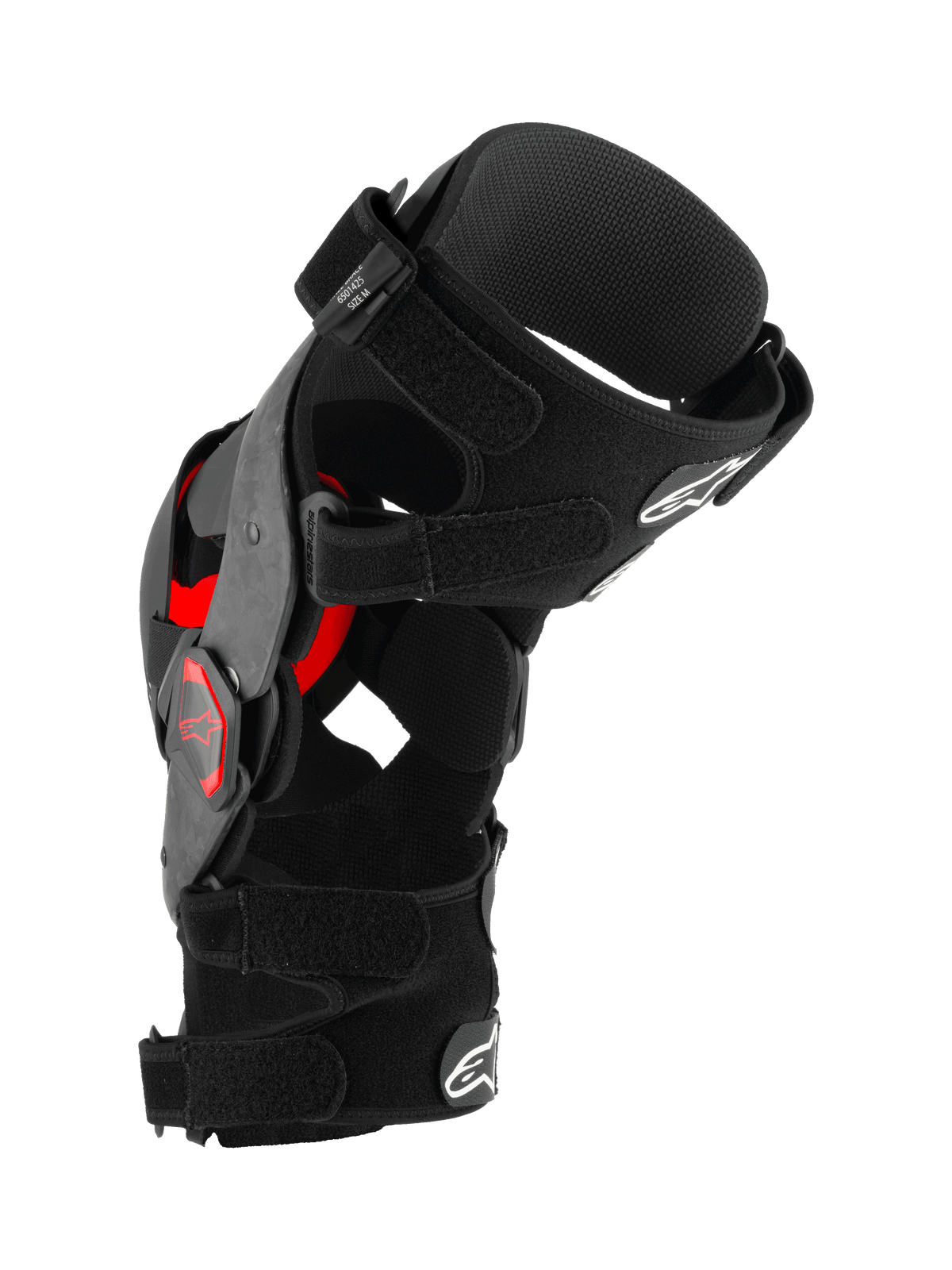 Alpinestars Supertech RK-10 Plasma knæskinne, motocross knæbeskytter, sort og rød, profilvisning fra siden, der viser smedet kulfiberramme, justerbare stropper og røde Nucleon PLASMA-indsatser, beskyttelsesudstyr til off-road kørsel