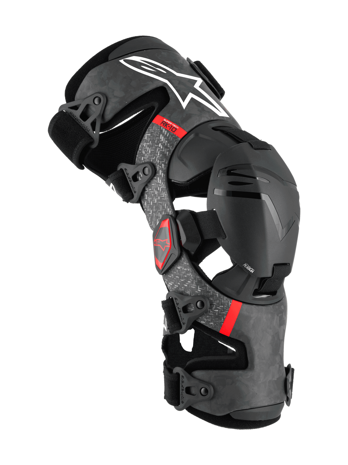 Alpinestars Supertech RK-10 Plasma knæskinne, motocross beskyttelsesudstyr, sort med ramme i smedet kulfiber og grå detaljer, rødt branding, hængslet støttesystem med justerbare remme, premium off-road beskyttelse
