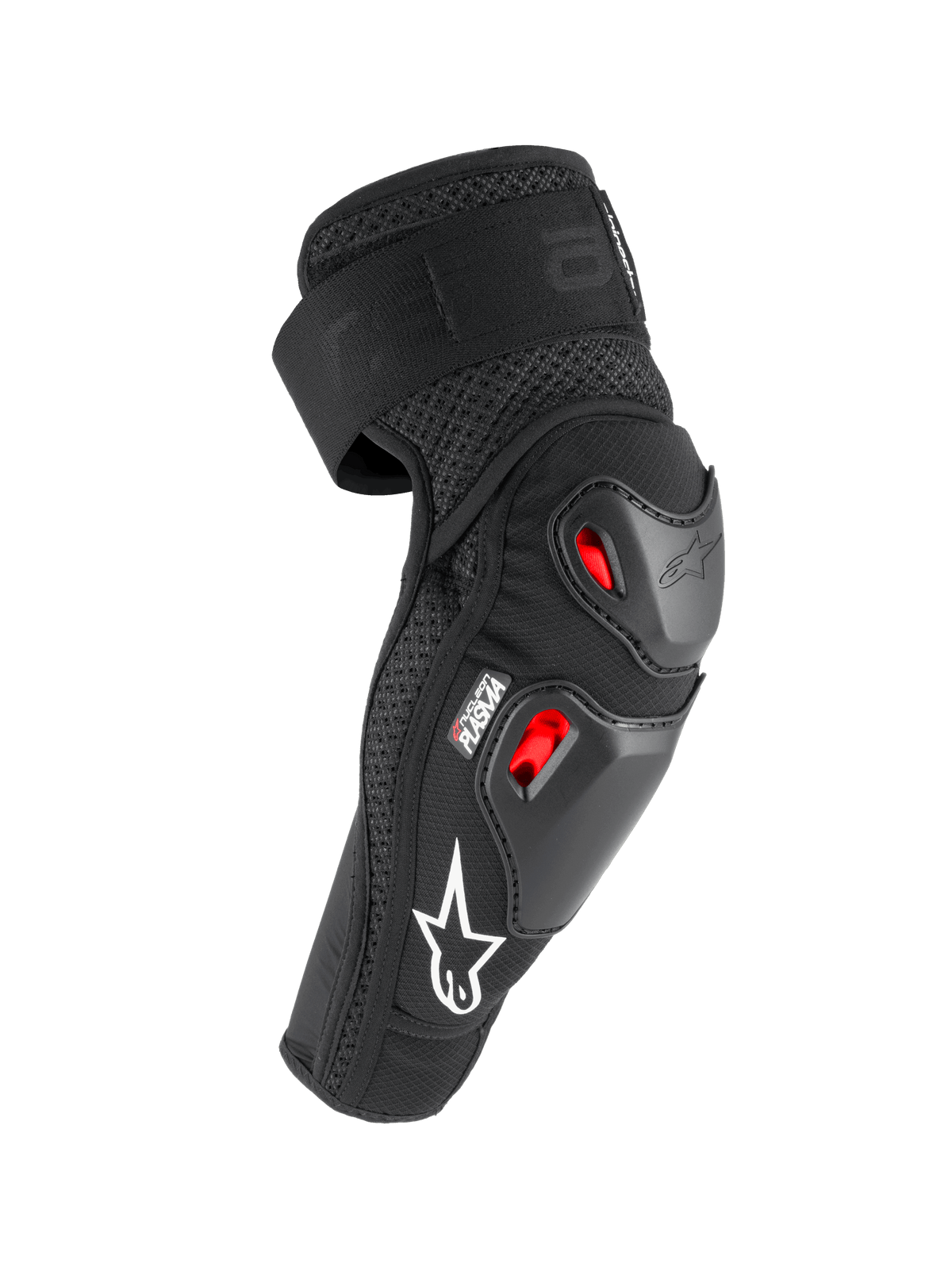 Alpinestars Bionic Pro Plasma albuebeskyttere, sort, rød og hvid, med dobbelte termoplastiske skaller og Nucleon PLASMA stødabsorbering, åndbart mesh-design med hvidt logo, beskyttelsesudstyr til off-road motorcykelkørsel