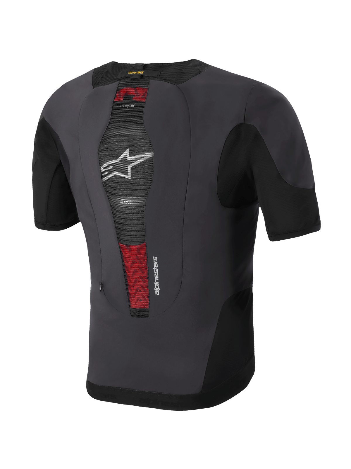 Alpinestars Tech-Air® 5 Plasma System, motorcykel airbag-vest, set bagfra, sort og mørkegrå, integreret PLASMA-rygbeskytter synlig gennem mesh-panel med røde detaljer, hvidt stjernelogo, slankt og åndbart under-jakke-design