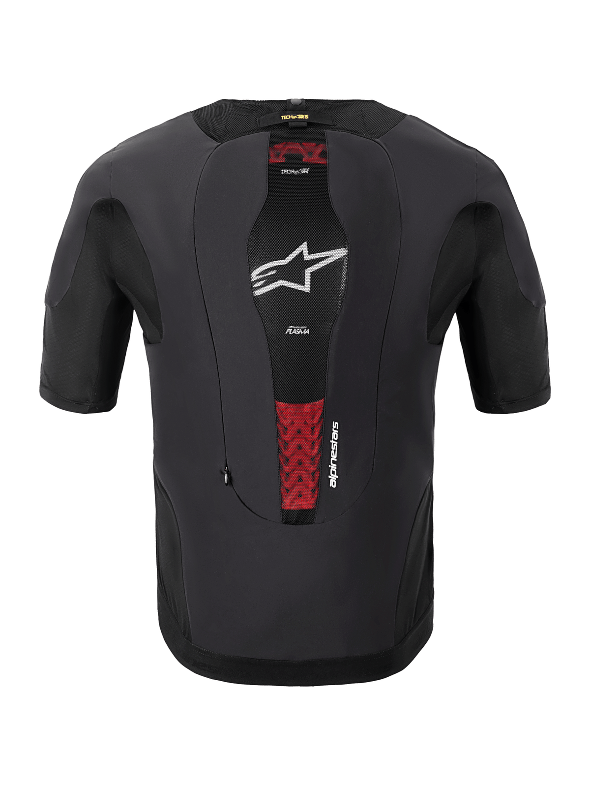 Alpinestars Tech-Air® 5 Plasma System, motorcykel airbag-system, set bagfra, sort, har et centralt mesh-panel med et hvidt stjerne-logo og røde detaljer fra den interne PLASMA-rygbeskytter, tætsiddende kortærmet design til beskyttelse under jakken