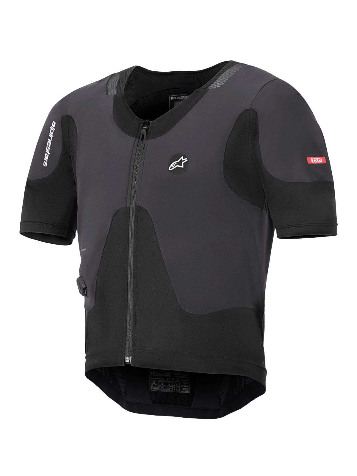 Alpinestars Tech-Air 5 Plasma System, sort motorcykel airbag-vest, slank profil med lynlås foran og korte ærmer, åndbare mesh-paneler og Alpinestars-branding, designet til beskyttelse under jakken