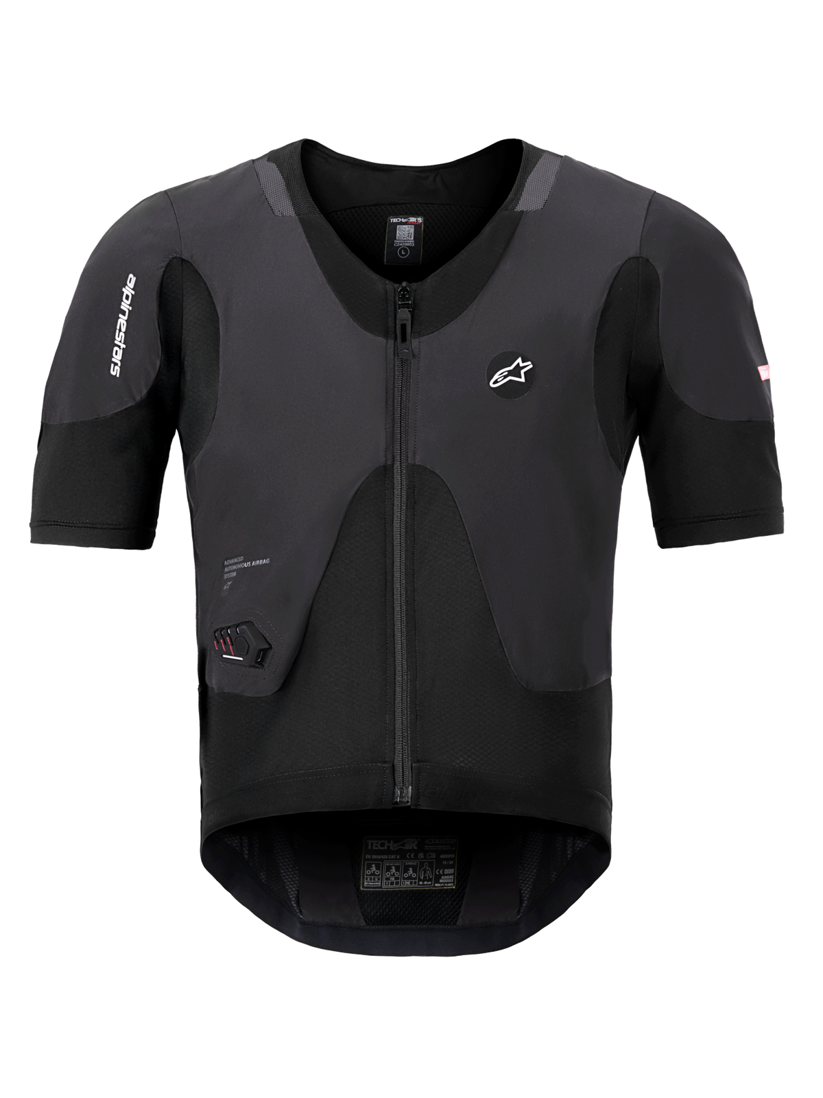 Alpinestars Tech-Air 5 Plasma System, sort airbag-vest, set forfra med korte ærmer og central lynlås, Alpinestars-branding og integreret LED-statusdisplay, ultraslankt beskyttende undertøj til motorcykelsikkerhed