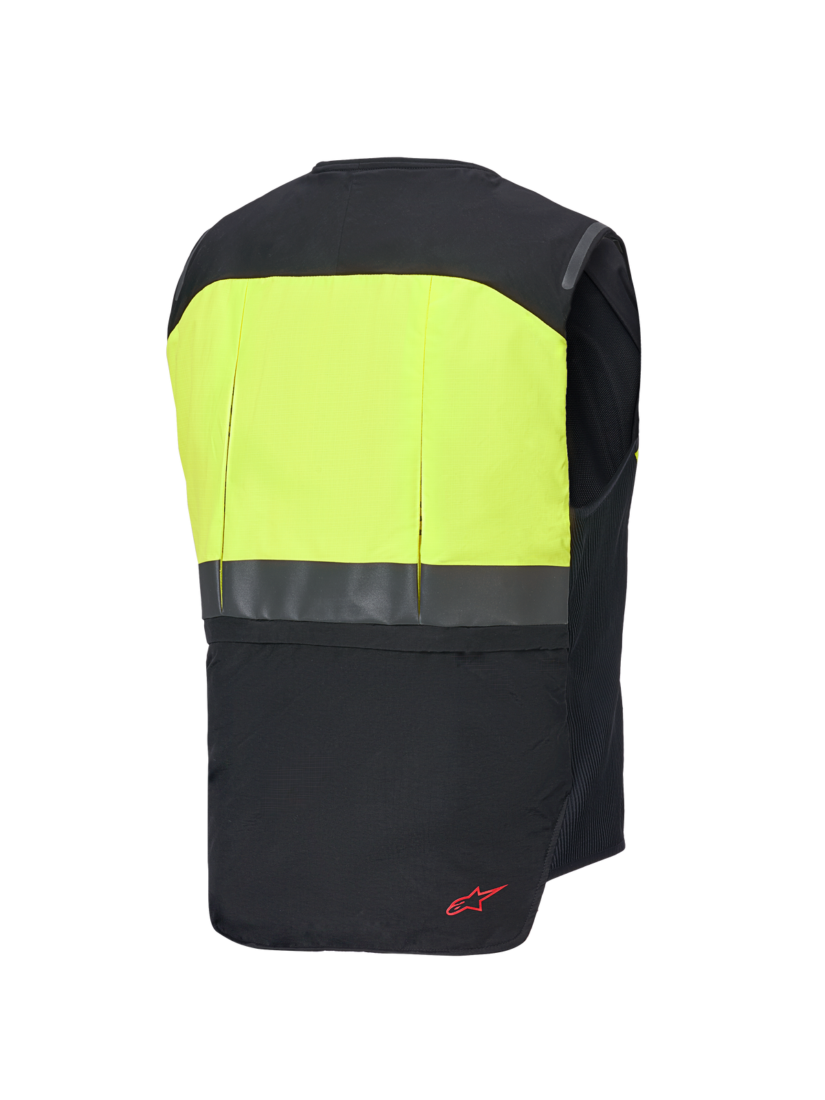 Alpinestars Tech-Air® 3 V2 System, motorcykel airbagvest, set bagfra, sort og gul fluo, med højsynligt gult øvre rygpanel, reflekterende horisontal stribe og rød logodetalje