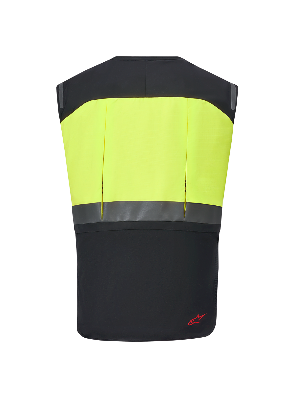 Alpinestars Tech-Air® 3 V2 System, motorcykel airbag-vest, sort og gul fluo, set bagfra med en gul overdel med høj synlighed og en reflekterende vandret stribe, slankt og let beskyttelsesudstyr til touring og pendling