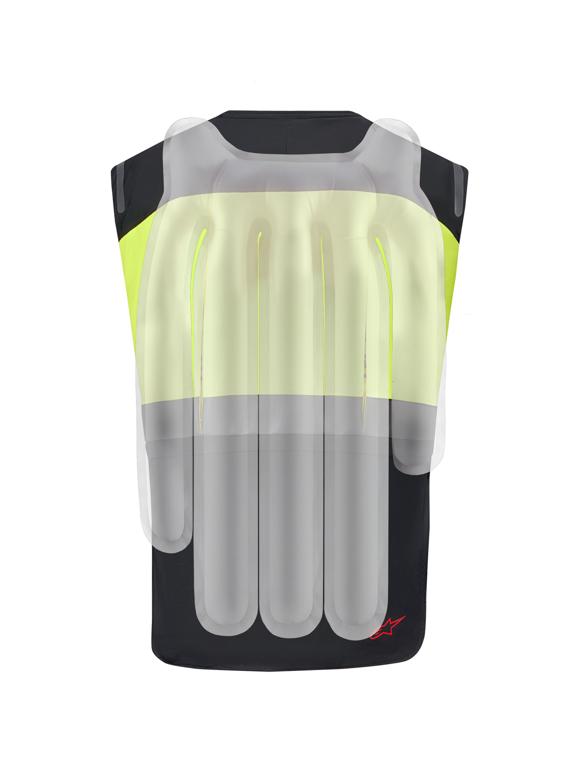 Alpinestars Tech-Air® 3 V2 System, motorcykel airbag-vest, sort og gul fluo, set bagfra med et gennemsigtigt lag, der viser de interne airbag-kamre til beskyttelse af rygsøjle og skuldre