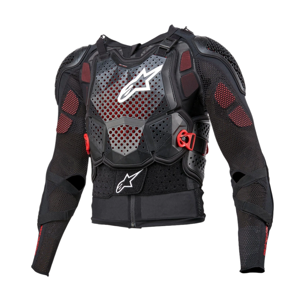 Alpinestars Bionic Tech V3 Protection Jacket, motorcykelbeskyttelsesjakke, sort med hvide og røde detaljer, perforeret brystbeskytter med hvidt stjernelogo, justerbare røde spænder, integrerede skulder- og albuebeskyttere, åndbart mesh-baselag
