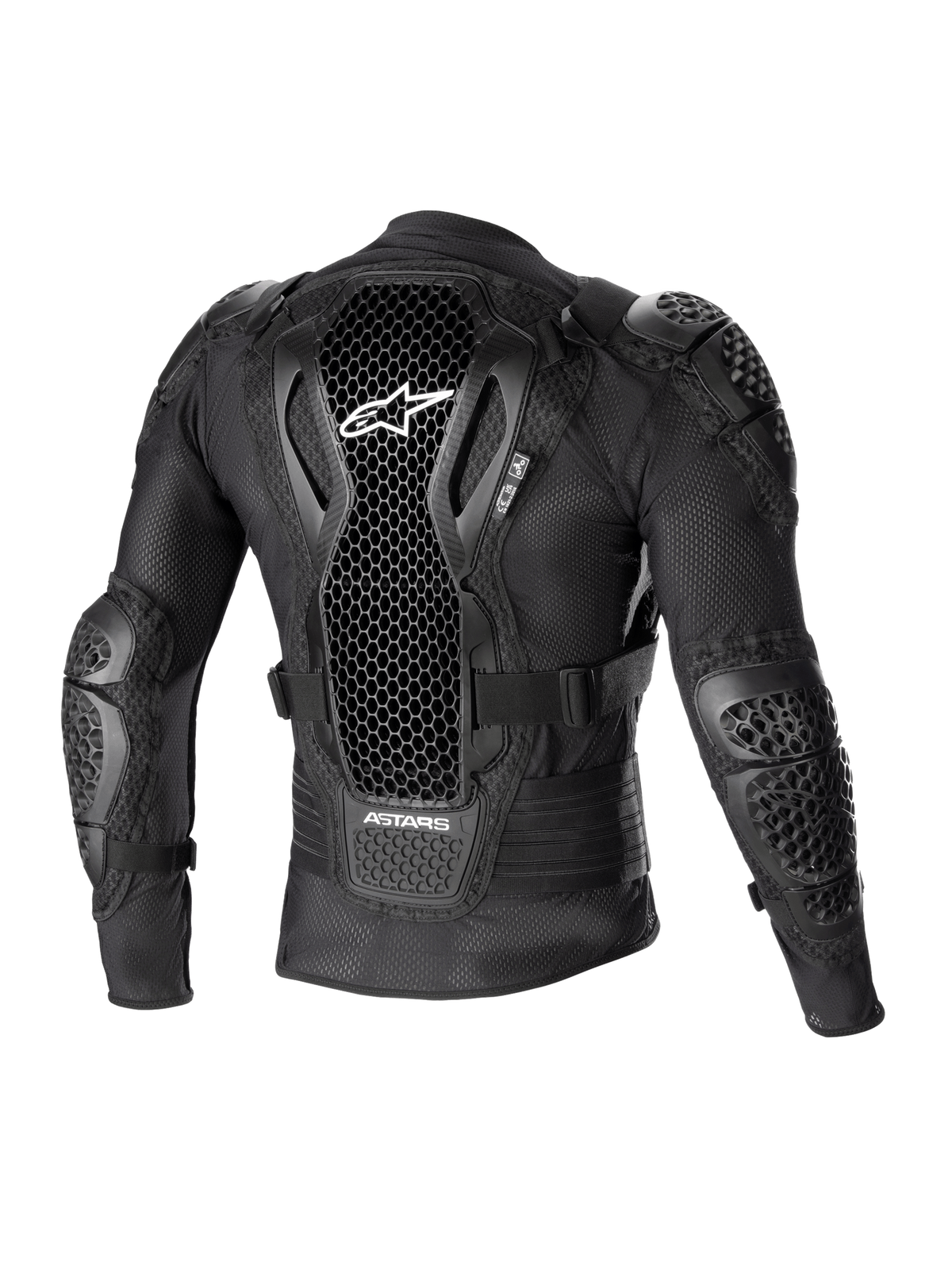 Alpinestars Bionic Action V2 beskyttelsesjakke, set bagfra, sort, med perforeret Cell Technology-rygbeskytter og hvidt logo, mesh-konstruktion med integreret skulder- og albuebeskyttelse, designet til motocross- og off-road-beskyttelse