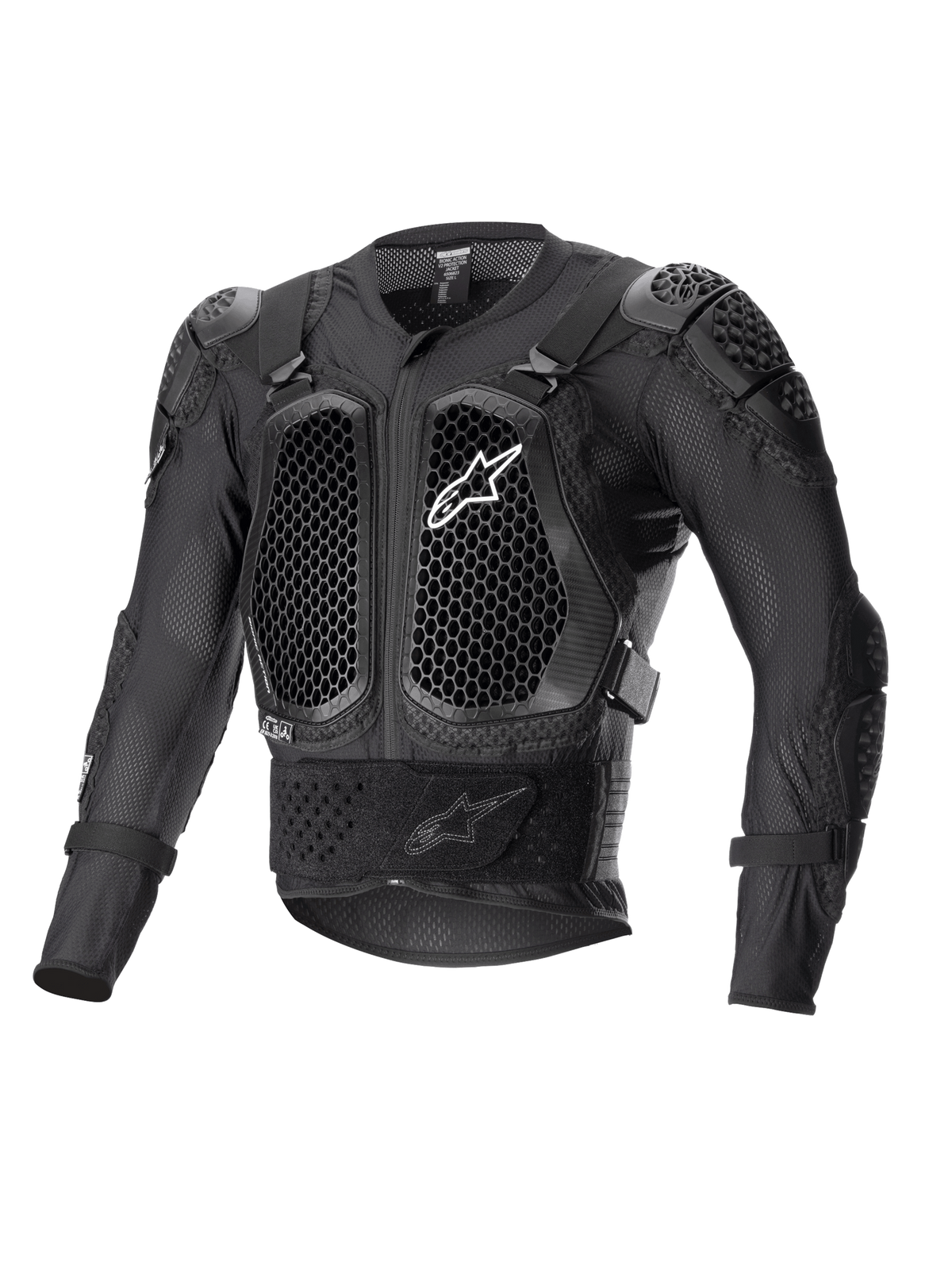 Alpinestars Bionic Action V2 beskyttelsesjakke, sort, med bikagemønstrede Cell Technology bryst- og albuebeskyttere, åndbar mesh-konstruktion, hvidt Alpinestars-logo på brystet, off-road motorcykelbeskyttelsesudstyr