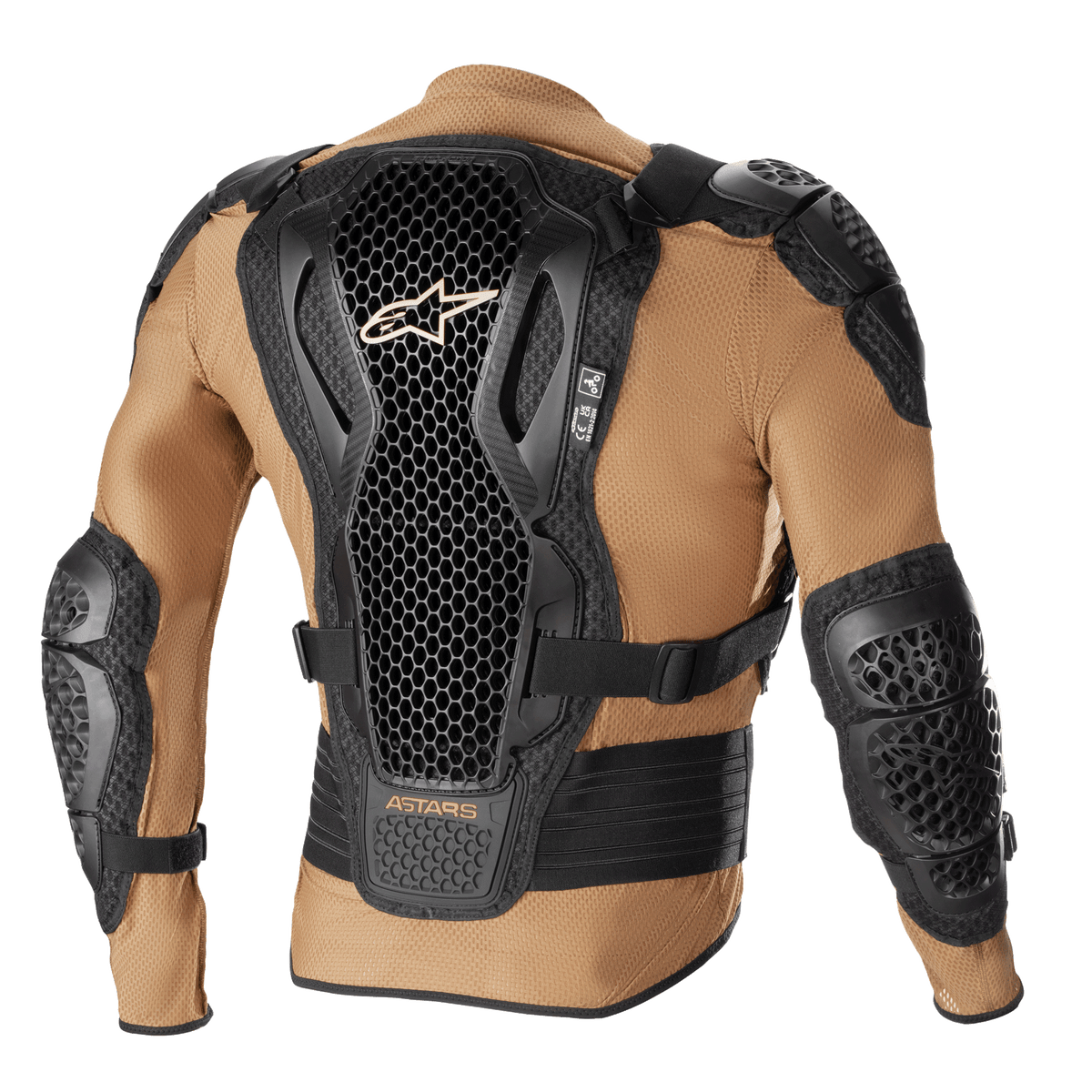 Alpinestars Bionic Action V2 beskyttelsesjakke, Sand Black og Tangerine, set bagfra, der viser Cell Technology-rygbeskytteren med honeycomb-design, integreret skulder- og albuebeskyttelse samt åndbar sandfarvet mesh-konstruktion.